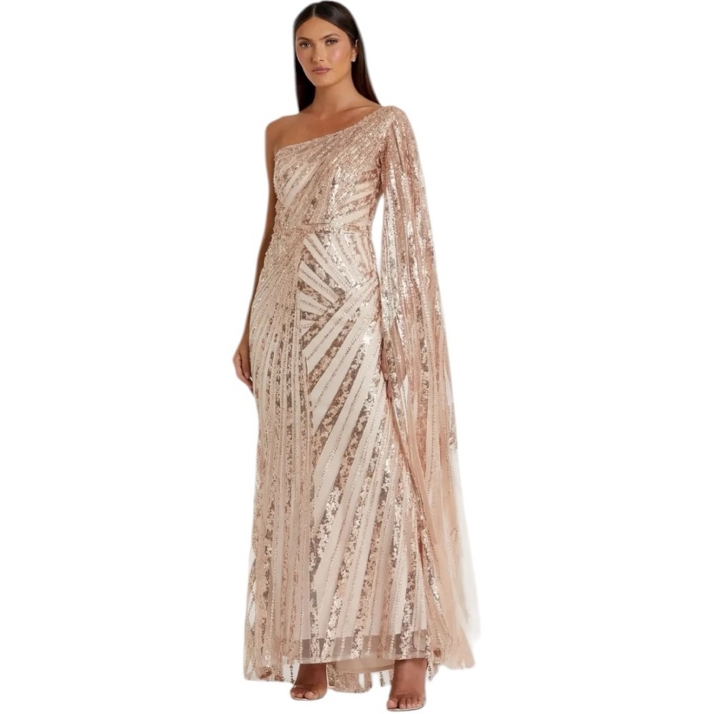 Mac Duggal Rose Gold One Shoulder Cape Sleeve Embellished Gown Sz 16 #20528 NWOT
